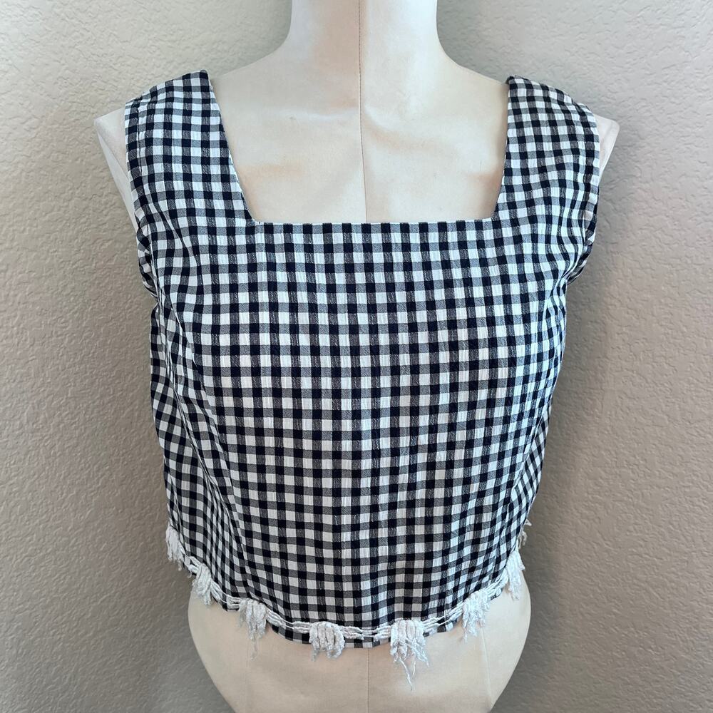 Vintage 90s Lisa jo plaid navy blue crop top squared blouse Juniors Medium 7/8